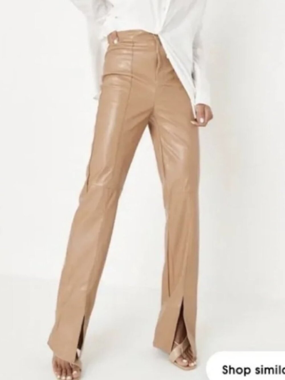 MISSGUIDED High Rise Vegan Leather Straight Trousers With Front Slit Split Hem